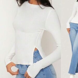 Ribbed Black Long Sleeve Tee with Side Slit at Hips